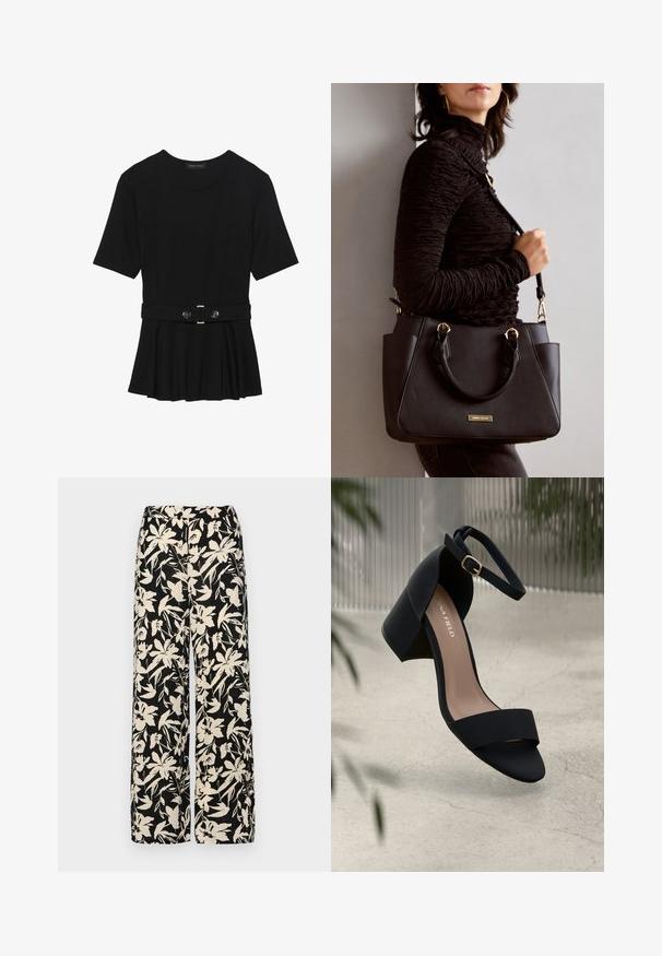 Czarna bluzka krótki rękaw wykonana z gładkiego materiału, z fasonem peplum i paskiem w talii z dwoma okrągłymi, srebrnymi guzikami.; Czarne spodnie wide-leg z kremowym kwiatowym wzorem. Wykonane z lekkiego materiału, o gładkiej teksturze i wysokim staniku.; Czarna sandał na obcasie z szerokim paskiem i paskiem na kostce, charakteryzująca się matową fakturą i słupkowym obcasem. Logo marki widoczne na wkładce.; Czarna torebka z teksturowanej powierzchni, podwójnymi uchwytami na górze i regulowanym paskiem na ramię. Posiada złote okucia i boczne kieszenie.