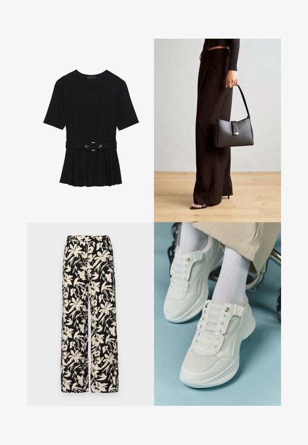 Črn kratek rokav srajca iz gladkega materiala, z obliko pepluma in pasom s pasom ter dvema okroglega srebrno-toniranima gumboma.; Črne široke hlače z kremnim cvetličnim vzorcem. Narejene so iz lahkega blaga, ki ima gladko teksturo in visok pas.; Bele teniske z mrežastim materialom, gumene podplate, brez vezalk, z elastikami in zlatimi akcenti.; Črna torbica z strukturirano obliko, gladko teksturo in kovinskim zaponko. Ujemajo se z širokimi črnimi hlačami in odprtimi sandali na lesenem tleh.