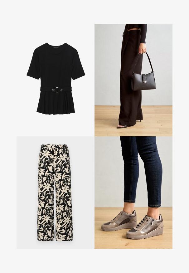 Top corto nero a maniche corte realizzato in materiale liscio, con design peplum e vita cintata adornata da due bottoni tondi in tono argento.; Pantaloni larghi neri con un motivo floreale crema. Realizzati in tessuto leggero, con una texture liscia e una vita alta.; Sneakers in pelle e suede beige con suola a zeppa, dotati di una cerniera laterale, pannelli testurizzati e chiusura con lacci.; Borsa nera con forma strutturata, texture liscia e una chiusura metallica. Abbinata a pantaloni neri larghi e sandali open-toe su un pavimento in legno.