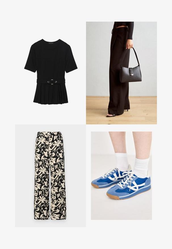 Czarna bluzka krótki rękaw wykonana z gładkiego materiału, z fasonem peplum i paskiem w talii z dwoma okrągłymi, srebrnymi guzikami.; Czarne spodnie wide-leg z kremowym kwiatowym wzorem. Wykonane z lekkiego materiału, o gładkiej teksturze i wysokim staniku.; Niebieskie buty sportowe z zamszową i siateczkową cholewką, białymi akcentami, płaskimi sznurówkami i podeszwami z gumowej gumy, zestawione z białymi skarpetkami w prążki.; Czarna torebka o usztywnionym kształcie, gładkiej fakturze i metalowym zapięciem. Połączona z szerokimi czarnymi spodniami i sandałami na otwartym palcu na drewnianej podłodze.