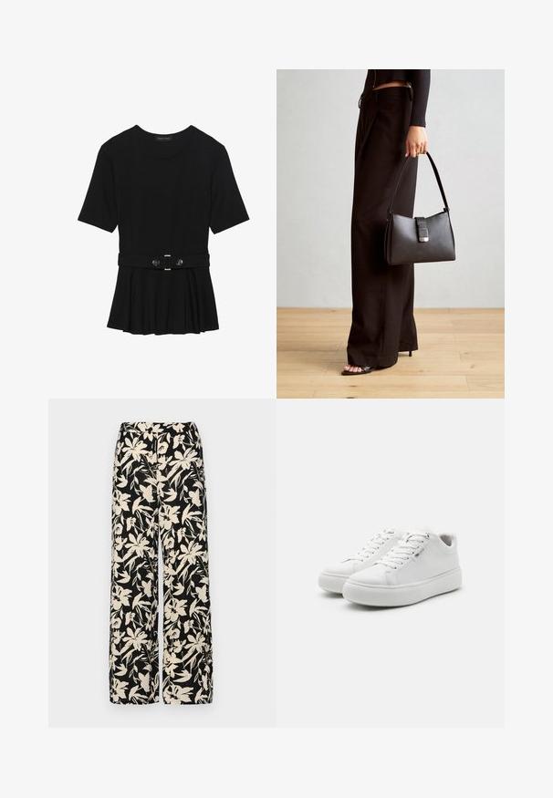 Must mustriga lühikeste varrukatega tipp, valmistatud siledast materjalist, millel on peplum-disain ja vöödiga talje, millel on kaks ümmargust, hõbedase tooni nuppu.; Mustad laiad püksid kreemja lillemustriga. Valmistatud kergest kangast, millel on sile tekstuur ja kõrge vöökoht.; Valged madalad sportlikud kingad, millel on siledast kanvase pealistest, ümar varvas ja paks kummitald. Omavad sidumisfronti ja minimalistiilist disaini.; Must musta kott, millel on struktureeritud kuju, sile tekstuur ja metallist klamber. Kombineeritud laiate mustade pükstega ja avatud varvaste sandaalidega puidust põrandal.