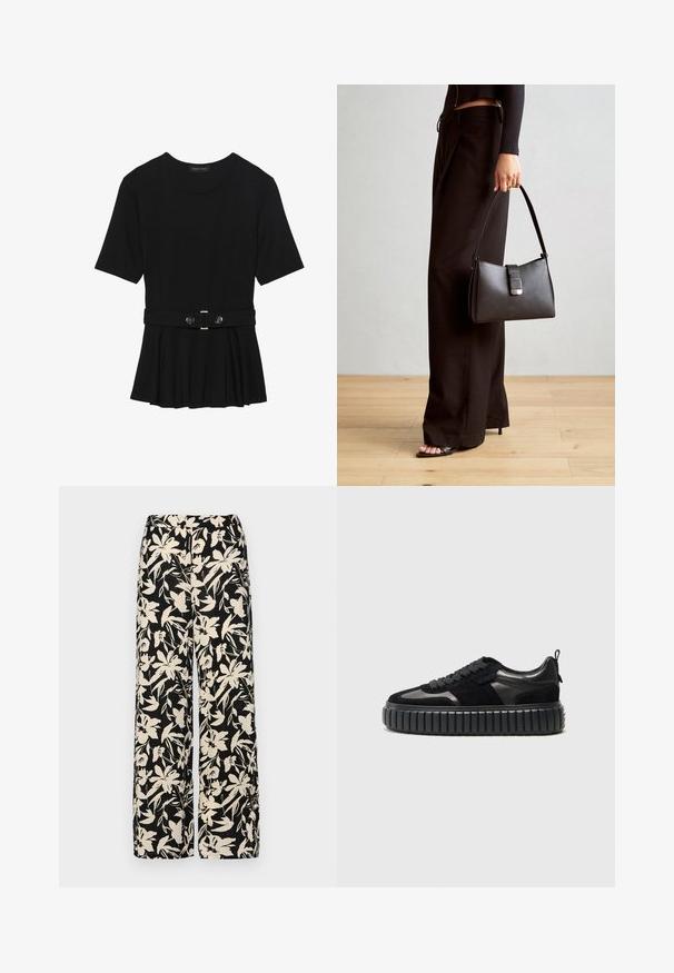 Fekete, rövid ujjú felső sima anyagból, peplum fazonnal és övvel a deréknál, két kerek, ezüst árnyalatú gombbal.; Fekete, bő szárú nadrág krém színű virágmintával. Könnyű anyagból készült, sima tapintású és magas derékrésszel rendelkezik.; Kennel + Schmenger ZAP - Sportcipő - schwarz; Fekete kézi táska strukturált formával, sima textúrával és fémből készült záródással. Széles fekete nadrággal és nyitott orrú szandállal párosítva, fából készült padlón.