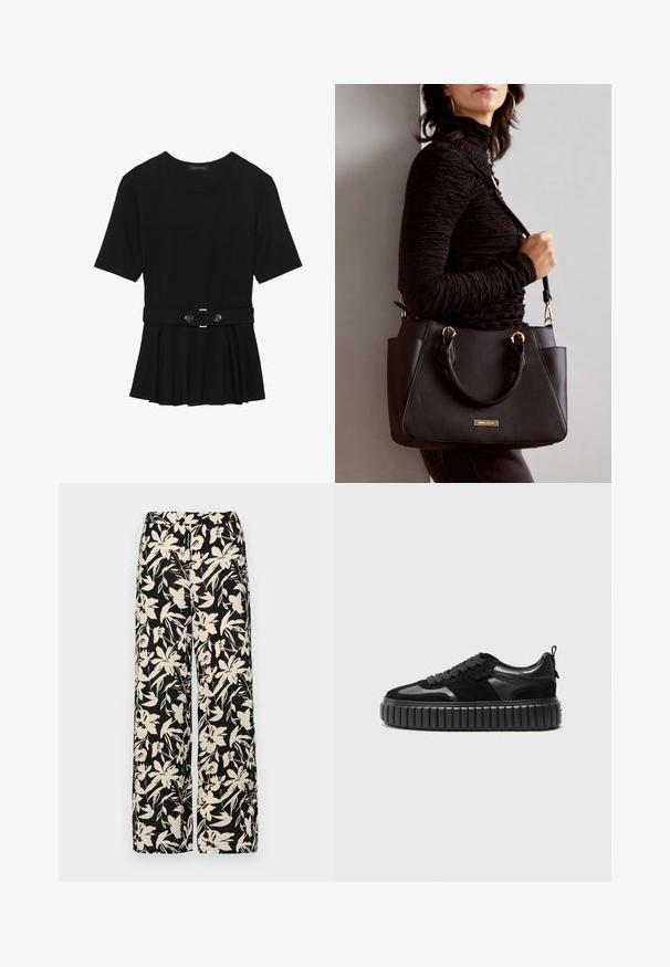 Black short-sleeve top made of smooth material, featuring a peplum design and a belted waist with two round, silver-tone buttons.; Black wide-leg pants with a cream floral pattern. Made of lightweight fabric, featuring a smooth texture and a high waistband.; Kennel + Schmenger ZAP - Trainers - schwarz; Black handbag with textured surface, dual top handles, and adjustable shoulder strap. Features gold-tone hardware and side pockets.