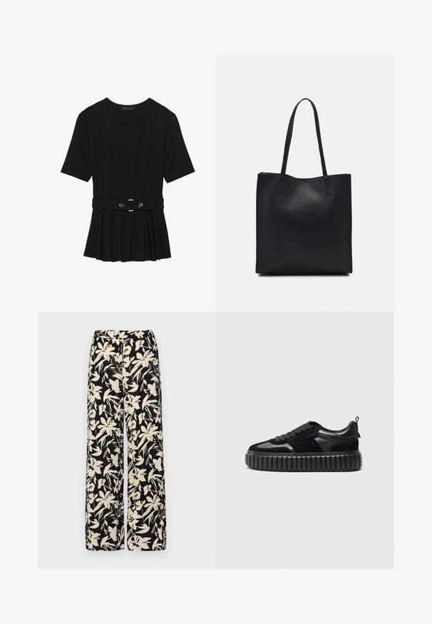 Črn kratek rokav srajca iz gladkega materiala, z obliko pepluma in pasom s pasom ter dvema okroglega srebrno-toniranima gumboma.; Črne široke hlače z kremnim cvetličnim vzorcem. Narejene so iz lahkega blaga, ki ima gladko teksturo in visok pas.; Kennel + Schmenger ZAP - Športni copati - schwarz; Črna usnjena torba s svilnato teksturo, pravokotne oblike in dvema dolgima ročajema. Brez vidnih metalnih delov ali okrasnih elementov.