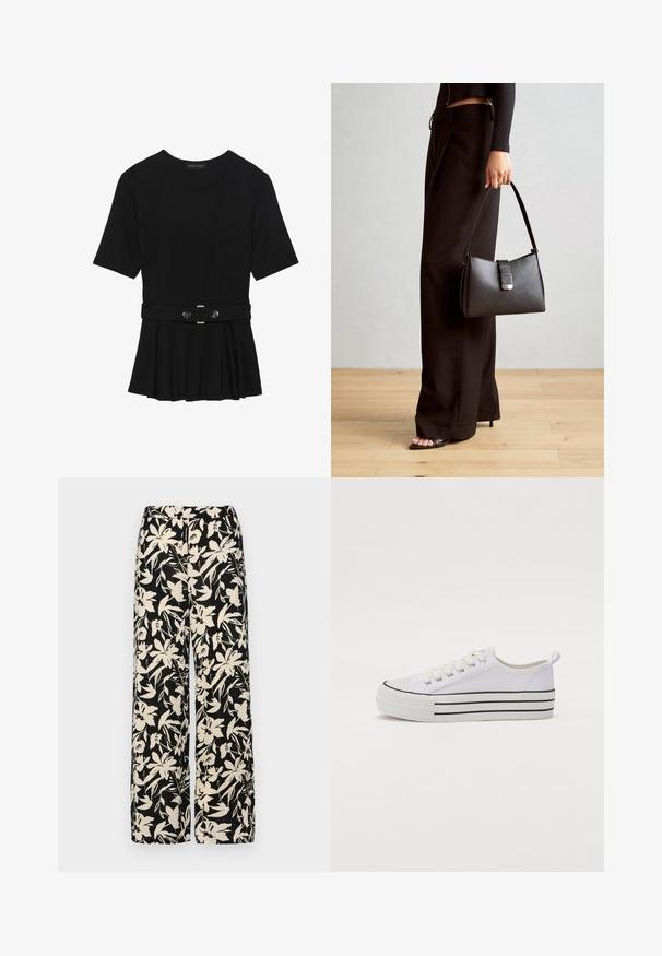 Black short-sleeve top made of smooth material, featuring a peplum design and a belted waist with two round, silver-tone buttons.; Black wide-leg pants with a cream floral pattern. Made of lightweight fabric, featuring a smooth texture and a high waistband.; White canvas sneaker with a rounded toe, black outsole, and horizontal black stripe details. Features laces and a loop at the heel for easy wear.; Black handbag with structured shape, smooth texture, and a metallic clasp. Paired with wide black pants and open-toe sandals on wooden floor.