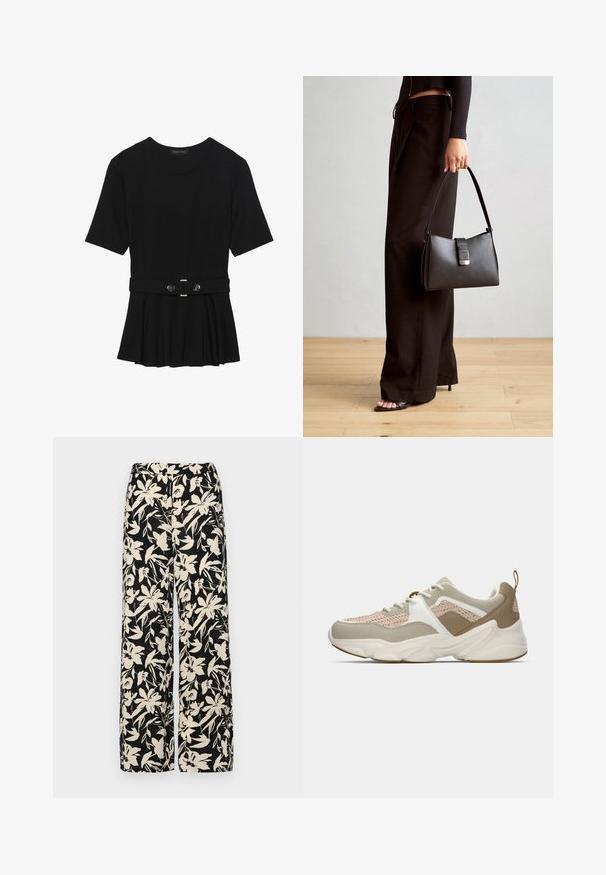 Musta lyhythihainen paita, joka on valmistettu sileästä materiaalista ja jossa on peplum-muotoilu sekä vyötäröllä vyö, jossa on kaksi pyöreää hopeanväristä nappia.; Mustat leveälahkeiset housut, joissa on kermaisen värinen kukkakuosi. Valmistettu kevyestä kankaasta, jossa on sileä pinta ja korkea vyötärö.; Kevyt lenkkarit, joissa on vaaleanbeige verkko päällinen, valkoiset yksityiskohdat ja teksturoitu tan-värinen yksityiskohta. Hieman paksu kumipohja, jossa on ainutlaatuinen aaltoileva kuvio.; Musta käsilaukku, jossa on rakenteellinen muoto, sileä pinta ja metallinen solki. Yhdistetty leveisiin mustiin housuihin ja avonaiheisiin sandaaleihin puulattialla.