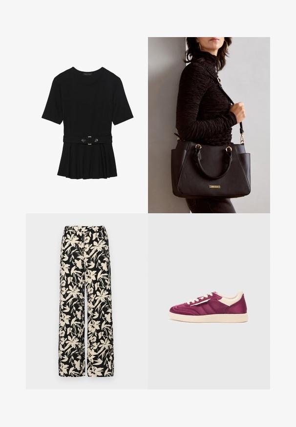 Haut noir à manches courtes fabriqué en matériau lisse, avec un design peplum et une taille ceinturée ornée de deux boutons ronds en métal argenté.; Pantalon large noir avec un motif floral crème. Fabriqué en tissu léger, il présente une texture lisse et une taille haute.; Baskets en cuir violet avec des accents beiges, présentant un bout arrondi, un laçage à l'avant et des rayures sur les côtés. Fini texturé sur la tige.; Sac à main noir avec surface texturée, deux poignées supérieures et bandoulière réglable. Doté de quincaillerie dorée et de poches latérales.