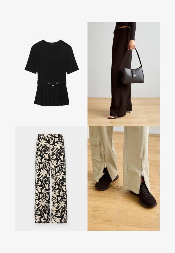 Top negru cu mâneci scurte, realizat dintr-un material neted, cu un design peplum și o talie beltată cu două butoane rotunde de culoare argintie.; Pantaloni negri cu croi larg, decorati cu un model floral crem. Fabricati dintr-un material usor, avand o textura neteda si un talie inalta.; Pantaloni largi bej cu fermoare la glezne, asortați cu pantofi sport negri ce au un material texturat și o talpă amortizată.; Genți negre cu o formă structurată, textură netedă și un închizător metalic. Asortată cu pantaloni negri largi și sandale cu vârf deschis pe un podea din lemn.