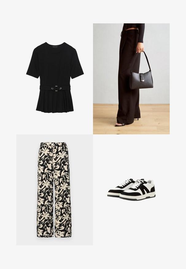 Czarna bluzka krótki rękaw wykonana z gładkiego materiału, z fasonem peplum i paskiem w talii z dwoma okrągłymi, srebrnymi guzikami.; Czarne spodnie wide-leg z kremowym kwiatowym wzorem. Wykonane z lekkiego materiału, o gładkiej teksturze i wysokim staniku.; Czarno-białe trampki wykonane z połączenia zamszu i skóry, z teksturowaną gumową podeszwą i kontrastowymi paskami po bokach.; Czarna torebka o usztywnionym kształcie, gładkiej fakturze i metalowym zapięciem. Połączona z szerokimi czarnymi spodniami i sandałami na otwartym palcu na drewnianej podłodze.