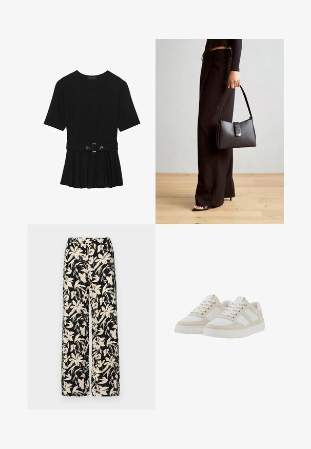 Haut noir à manches courtes fabriqué en matériau lisse, avec un design peplum et une taille ceinturée ornée de deux boutons ronds en métal argenté.; Pantalon large noir avec un motif floral crème. Fabriqué en tissu léger, il présente une texture lisse et une taille haute.; Baskets beige et blanches avec un dessus texturé, fermeture à lacets et collier rembourré. Dotées de trois rayures blanches sur les côtés et d'une semelle en caoutchouc.; Sac à main noir à la forme structurée, texture lisse et fermoir métallique. Associé à un pantalon noir ample et des sandales ouvertes sur un sol en bois.