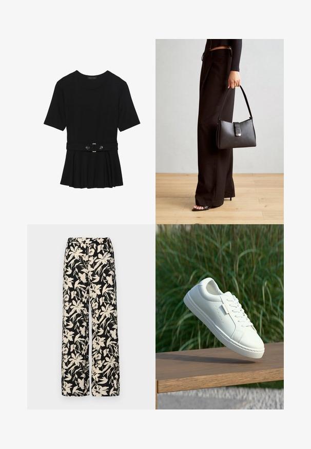 Čierny krátky rukáv top vyrobený z hladkého materiálu, so strihom peplum a opaskom v páse so syntetickými guľatými striebornými gombíkmi.; Čierne nohavice s širokými nohavicami a krémovým kvetinovým vzorom. Vyrobené z ľahkej látky, s hladkou textúrou a vysokým pásom.; Biele kožené tenisky so šnúrkami nad drevenou lavicou, v pozadí sú rozmazané vysoké zelené trávy vonku.; Čierna kabelka so štruktúrovaným tvarom, hladkou textúrou a kovovou sponou. V kombinácii so širokými čiernymi nohavicami a sandálmi s otvorenou špičkou na drevenej podlahe.