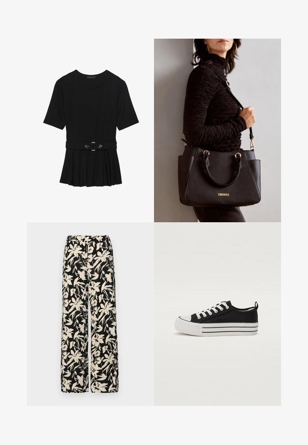 Sort kortærmet top lavet af glat materiale, med en peplum-design og en bælte i taljen med to runde, sølvfarvede knapper.; Sorte vide bukser med et mønster af cremefarvede blomster. Lavet af letvægtsstof, som har en glat tekstur og en høj talje.; Sort lærredssneaker med rund tå, hvid gummisål og tre hvide vandrette striber. Har hvide snørebånd og en hælløkke.; Sort håndtaske med struktureret overflade, dobbelt topbærere og justerbar skulderrem. Udstyret med guldfarvet metalhardware og sidelommer.