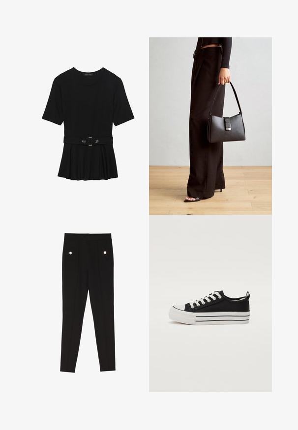 Fekete, rövid ujjú felső sima anyagból, peplum fazonnal és övvel a deréknál, két kerek, ezüst árnyalatú gombbal.; Fekete, szabott nadrág sima felülettel, elülső zsebekkel díszítő hardware részletekkel, slim-fit kialakítással.; Fekete vászon sportcipő kerek orral, fehér gumitalppal és három fehér vízszintes csíkkal. Fehér fűzőkkel és sarokhurokkal rendelkezik.; Fekete kézi táska strukturált formával, sima textúrával és fémből készült záródással. Széles fekete nadrággal és nyitott orrú szandállal párosítva, fából készült padlón.