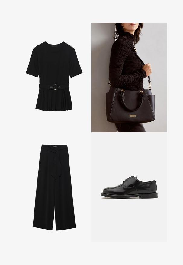 Top corto nero a maniche corte realizzato in materiale liscio, con design peplum e vita cintata adornata da due bottoni tondi in tono argento.; Pantaloni neri a gamba larga caratterizzati da un tessuto testurizzato, una vita elastica e una cintura staccabile per una vestibilità regolabile.; Scarpe da uomo in pelle nera, con finitura lucida, punta rotonda, design con lacci, suola a contrasto e dettagli di cucitura minimalisti.; Borsa nera con superficie texturizzata, manici superiori doppi e tracolla regolabile. Dotata di hardware color oro e tasche laterali.