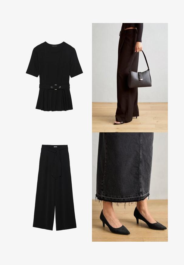 Haut noir à manches courtes fabriqué en matériau lisse, avec un design peplum et une taille ceinturée ornée de deux boutons ronds en métal argenté.; Pantalons larges noirs en tissu texturé, avec une taille élastique et une ceinture à nouer amovible à la taille pour un ajustement variable.; Escarpins en suede noirs avec un bout pointu et un talon de 3 pouces, associés à une longue jupe en denim foncé présentant des détails d'ourlet effilochés.; Sac à main noir à la forme structurée, texture lisse et fermoir métallique. Associé à un pantalon noir ample et des sandales ouvertes sur un sol en bois.