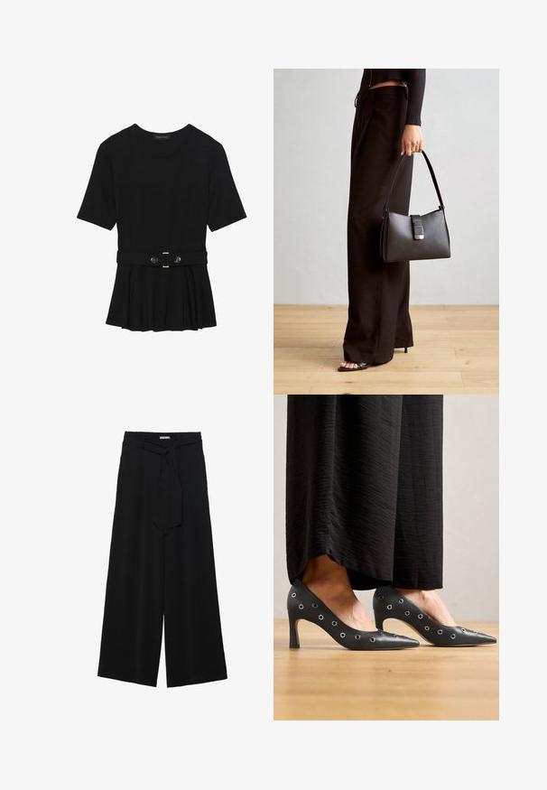 Črn kratek rokav srajca iz gladkega materiala, z obliko pepluma in pasom s pasom ter dvema okroglega srebrno-toniranima gumboma.; Črne široke hlače iz teksturirane tkanine, z elastičnim pasom in odstranljivim trakom na pasu za prilagodljivo prileganje.; Črne usnjene visoke pete s koničastim dizajnom, ki imajo kovinske okrogle luknje na straneh in tanek stileto peto.; Črna torbica z strukturirano obliko, gladko teksturo in kovinskim zaponko. Ujemajo se z širokimi črnimi hlačami in odprtimi sandali na lesenem tleh.