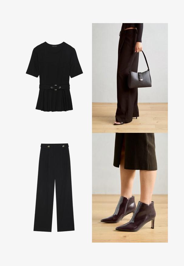 Fekete, rövid ujjú felső sima anyagból, peplum fazonnal és övvel a deréknál, két kerek, ezüst árnyalatú gombbal.; Fekete, bő szárú nadrág magas derékkal, gombos részletekkel a derékrészen és elülső pliszékkal.; Bordó bőr bokacsizma hegyes orral és vékony sarkal. Oldalsó cipzárral rendelkezik és sima, fényes textúrája van.; Fekete kézi táska strukturált formával, sima textúrával és fémből készült záródással. Széles fekete nadrággal és nyitott orrú szandállal párosítva, fából készült padlón.