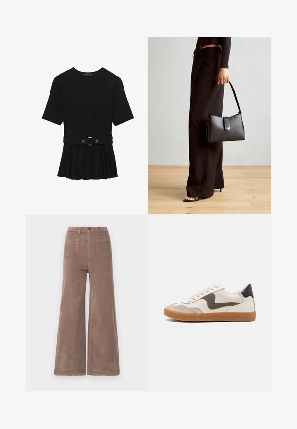 Black short-sleeve top made of smooth material, featuring a peplum design and a belted waist with two round, silver-tone buttons.; Brown corduroy wide-leg trousers with a high waist, featuring a button closure, two back pockets, and vertical ribbed texture.; Sneakers featuring a cream leather upper with a dark brown suede accent, beige laces, and a gum rubber sole; classic low-profile design.; Black handbag with structured shape, smooth texture, and a metallic clasp. Paired with wide black pants and open-toe sandals on wooden floor.