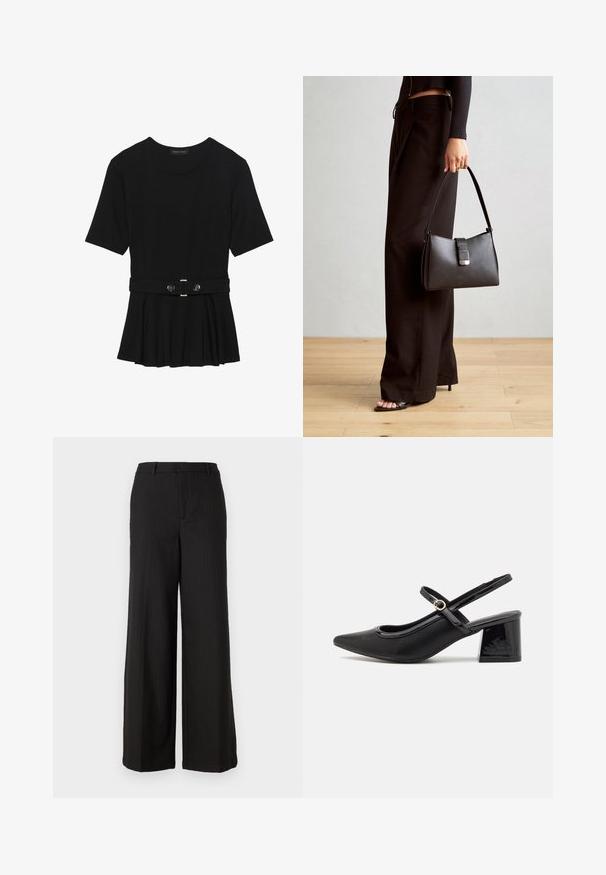 Fekete, rövid ujjú felső sima anyagból, peplum fazonnal és övvel a deréknál, két kerek, ezüst árnyalatú gombbal.; Fekete csíkozott, széles lábú nadrág, testre szabott dizájnnal, sima textúrával és derékrésszel, elegáns stílusban elérhető.; Fekete lakk bőr, pántos magassarkú cipő, hegyes orral, lekerekített kivágással és tömbsarkal. Arany színű csat díszíti.; Fekete kézi táska strukturált formával, sima textúrával és fémből készült záródással. Széles fekete nadrággal és nyitott orrú szandállal párosítva, fából készült padlón.
