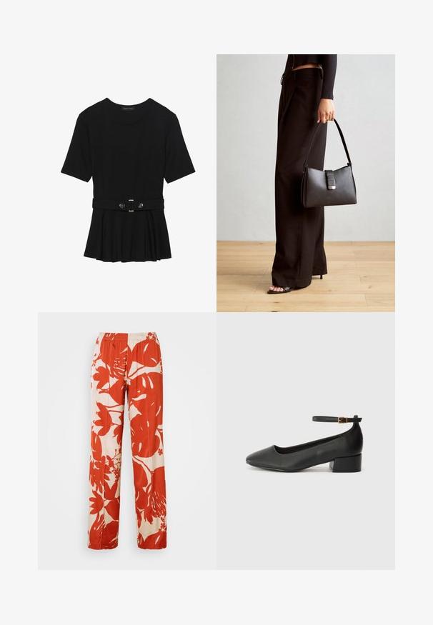 Top corto nero a maniche corte realizzato in materiale liscio, con design peplum e vita cintata adornata da due bottoni tondi in tono argento.; Pantaloni a gamba larga con un motivo floreale rosso e crema, dotati di una cintura elastica. Il tessuto ha una consistenza liscia e presenta grandi disegni di foglie e fiori.; Pump in pelle nera con punta affusolata e tacco basso a blocco. Presenta una cinghia alla caviglia con una fibbia in tonalità oro. Texture liscia.; Borsa nera con forma strutturata, texture liscia e una chiusura metallica. Abbinata a pantaloni neri larghi e sandali open-toe su un pavimento in legno.