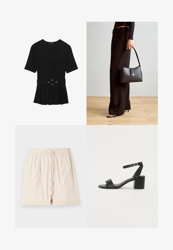 Musta lyhythihainen paita, joka on valmistettu sileästä materiaalista ja jossa on peplum-muotoilu sekä vyötäröllä vyö, jossa on kaksi pyöreää hopeanväristä nappia.; Kahvipruni puuvillashortsid elastse vööst, nööriga ja kahe küljetaskuga; omab mugavat lõiget ja rullitud äärt.; Mustat korkokenkä-sandaalit, joissa on sileä nahkapinta, avoin varvas, leveät etuvarteen strapit ja säädettävä nilkkastrap, jossa on kultainen solkiyksityiskohta.; Musta käsilaukku, jossa on rakenteellinen muoto, sileä pinta ja metallinen solki. Yhdistetty leveisiin mustiin housuihin ja avonaiheisiin sandaaleihin puulattialla.