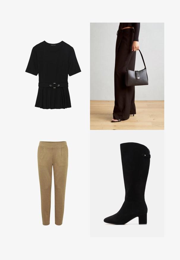 Melnas īsām piedurknēm topiņš, izgatavots no gludas materiāla, ar pepluma dizainu un jostu ar divām apaļām sudraba krāsas pogām.; Brūni raibie bikses ar pieguļošu formu, elastīgu jostu un divām sānu kabatām. Audumam ir gluda tekstūra ar rūtainu rakstu.; Melna zamšādas ceļa augstuma zābaki ar smailu purngalu un bloku papēdi. Raksturo gluda tekstūra un vienkārša dizaina, ar sānu siksnas akcentu.; Melnā somiņa ar strukturētu formu, gludu tekstūru un metālu sprādzi. Saskaņota ar platām melnām biksēm un sandālēm ar atvērtu purngalu uz koka grīdas.