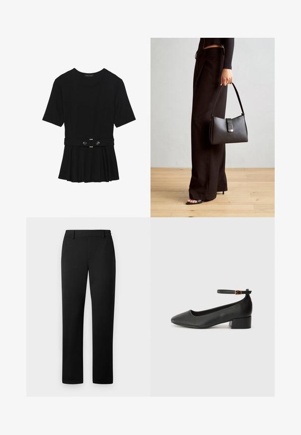 Svart kortermet topp laget av glatt materiale, med en peplum-design og en belted midje med to runde knapper i sølvfarge.; Sorte bukser med rette ben, laget av et glatt stoff med en skreddersydd midje og frontlommer.; Sorte skinnpumper med spiss tå og lav blokkhelt. Har ankelrem med gullfarget spenne. Glatt tekstur.; Svart håndveske med strukturert form, jevn tekstur og metallisk lås. Kombinert med brede svarte bukser og sandaler med åpen tå på tregulv.