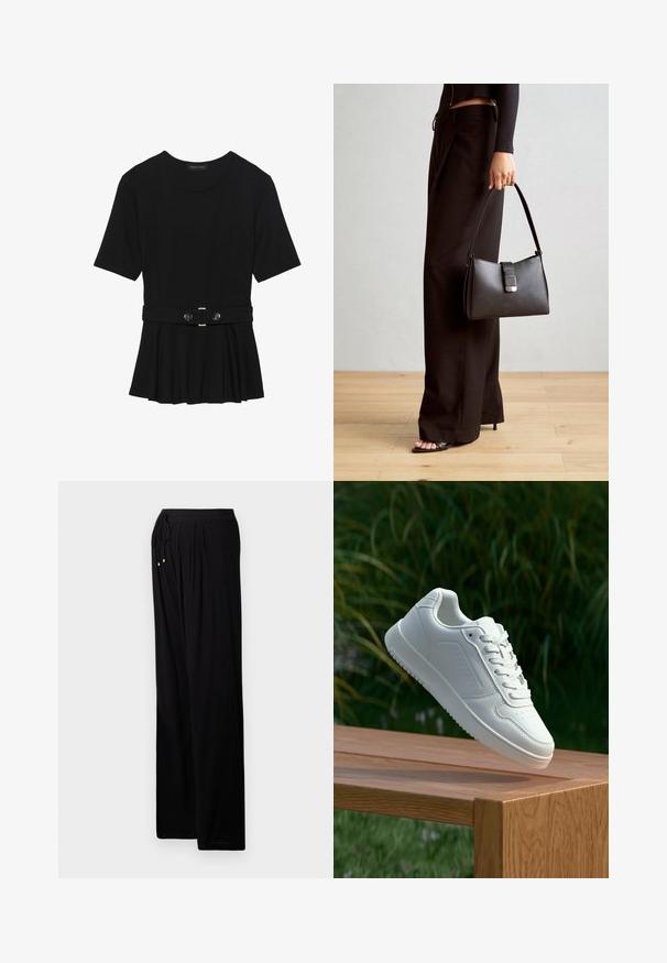 Czarna bluzka krótki rękaw wykonana z gładkiego materiału, z fasonem peplum i paskiem w talii z dwoma okrągłymi, srebrnymi guzikami.; Czarne lekkie spodnie o luźnym kroju. Posiadają elastyczny pas z sznurkiem, zakładki oraz złote akcenty na końcach sznurka.; Biały sneaker z gładką syntetyczną cholewą, perforowanym noskiem, płaskimi sznurowadłami i teksturowaną podeszwą, wyeksponowany na drewnianej powierzchni.; Czarna torebka o usztywnionym kształcie, gładkiej fakturze i metalowym zapięciem. Połączona z szerokimi czarnymi spodniami i sandałami na otwartym palcu na drewnianej podłodze.
