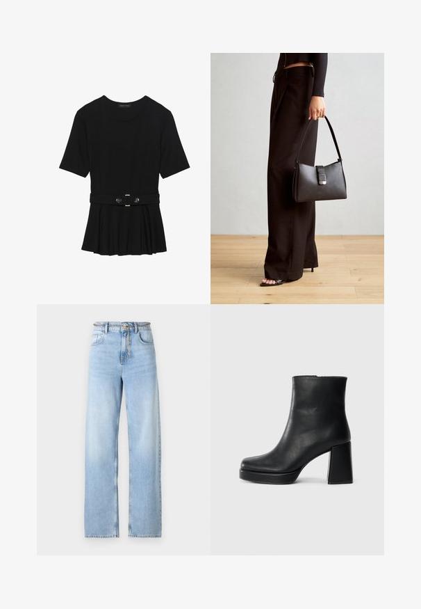 Μαύρη κοντομάνικη μπλούζα από λεία ύφανση, με σχέδιο peplum και ζωνάκι στη μέση, διακοσμημένο με δύο στρογγυρά, ασημί κουμπιά.; Ανοιχτό μπλε τζιν παντελόνι σε φαρδύ στιλ, φτιαγμένο από τζιν, με ψηλή μέση, μπροστινές τσέπες και αλυσίδα ζώνης ως διακοσμητικό στοιχείο. Λείο ύφασμα με ελαφριά φθορά.; Μαύρη δερμάτινη μποτάκι στον αστράγαλο με τετράγωνο τακούνι και πλατφόρμα, απεικονισμένο από το πλάι σε λευκό φόντο.; Μαύρη τσάντα χειρός με δομημένο σχήμα, λεία υφή και μεταλλικό κούμπωμα. Συνδυασμένη με φαρδιά μαύρα παντελόνια και σανδάλια ανοιχτής μύτης πάνω σε ξύλινο πάτωμα.
