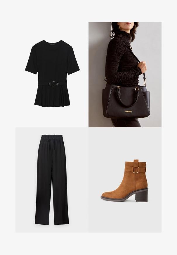 Must mustriga lühikeste varrukatega tipp, valmistatud siledast materjalist, millel on peplum-disain ja vöödiga talje, millel on kaks ümmargust, hõbedase tooni nuppu.; Mustad laiad mustad püksid elastse vöökoha ja tõmblukuga. Valmistatud siledast kangast, kus ei ole nähtavaid mustreid ega metallosade. ; Pruuni nahast pahkluu saapad ümmarguse varbaga, ploki kontsaga ja dekoratiivse rihmaga, millel on ümmargune pandla detail.; Musthave must kott, millel on tekstuurne pind, kaks ülemist käepidet ja reguleeritav õlarihm. Omab kuldse tooni riistu ja külgtaskuid.