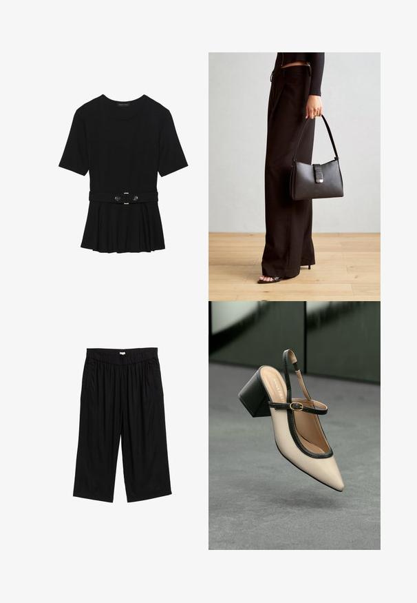 Haut noir à manches courtes fabriqué en matériau lisse, avec un design peplum et une taille ceinturée ornée de deux boutons ronds en métal argenté.; Pantalons culottes noirs avec une taille élastique, dotés de poches latérales et d'un tissu lisse et léger. La coupe est ample.; Escarpin beige à bout pointu et bride arrière, avec des finitions noires, une boucle dorée et un talon bloc épais, posé sur un sol gris avec un fond vert foncé.; Sac à main noir à la forme structurée, texture lisse et fermoir métallique. Associé à un pantalon noir ample et des sandales ouvertes sur un sol en bois.