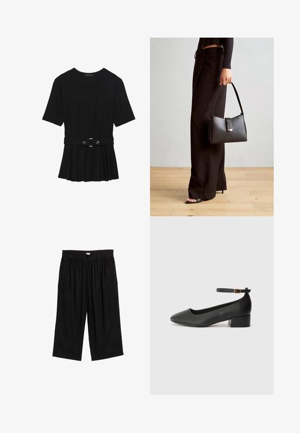 Black short-sleeve top made of smooth material, featuring a peplum design and a belted waist with two round, silver-tone buttons.; Black culotte pants with an elastic waistband, featuring side pockets and a smooth, lightweight fabric. The design is loose-fitting.; Black leather pump with a pointed toe and a low block heel. Features an ankle strap with a gold-tone buckle. Smooth texture.; Black handbag with structured shape, smooth texture, and a metallic clasp. Paired with wide black pants and open-toe sandals on wooden floor.
