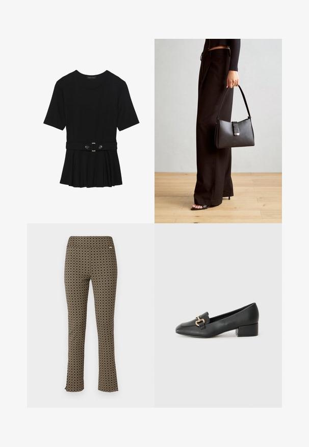 Top preto de mangas curtas, feito de material suave, com design peplum e uma cintura cinto com dois botões redondos em tom prateado.; Calças castanhas com padrão, com design de perna larga, apresentando formas geométricas em dourado e azul-marinho. Textura suave e cintura elástica.; Mocassins de couro preto com um salto baixo, apresentando um detalhe decorativo em metal dourado na parte da frente e uma textura suave.; Bolsa preta com forma estruturada, textura suave e um fecho metálico. Combinada com calças largas pretas e sandálias de salto aberto sobre um chão de madeira.