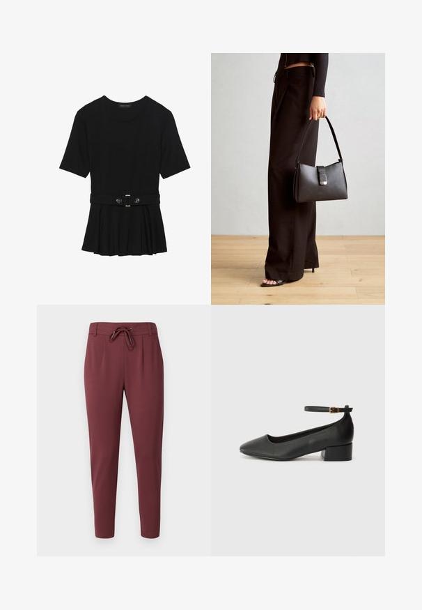 Svart kortermet topp laget av glatt materiale, med en peplum-design og en belted midje med to runde knapper i sølvfarge.; Burgunderfargede bukser med elastisk liv med justerbar snor, tapered ben og en glat, blød stofstruktur. Har frontfolder for et skræddersyet look.; Sorte skinnpumper med spiss tå og lav blokkhelt. Har ankelrem med gullfarget spenne. Glatt tekstur.; Svart håndveske med strukturert form, jevn tekstur og metallisk lås. Kombinert med brede svarte bukser og sandaler med åpen tå på tregulv.