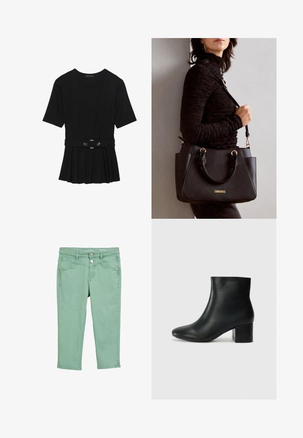 Must mustriga lühikeste varrukatega tipp, valmistatud siledast materjalist, millel on peplum-disain ja vöödiga talje, millel on kaks ümmargust, hõbedase tooni nuppu.; Heledad rohelised lühikesed püksid puuvillast, millel on sile tekstuur. Omab ees taskuid, nööp- ja lukusuletust ning äärise aktsente.; Mustad nahast pahkluu saapad terava varbaga ja jämeda kandaga. Sile tekstuur minimaalse aktsentidega ja stiilne, lihvitud disain.; Musthave must kott, millel on tekstuurne pind, kaks ülemist käepidet ja reguleeritav õlarihm. Omab kuldse tooni riistu ja külgtaskuid.