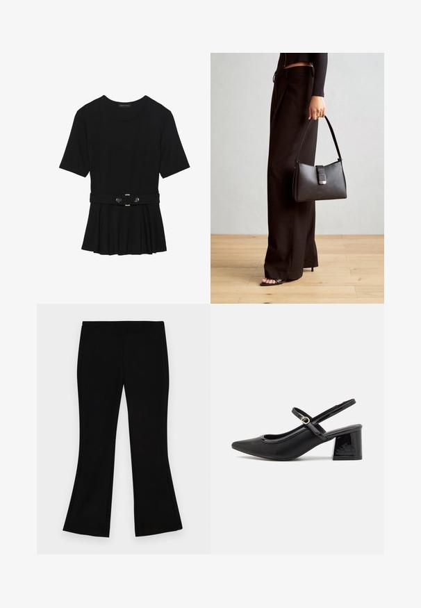 Černé krátké tričko vyrobené z hladkého materiálu, s peplum designem a opaskem v pase, ozdobené dvěma kulatými, stříbrnými knoflíky.; Černé zvonové kalhoty vyrobené z měkké, elastické látky. Mají hladký pas a čistý design bez viditelných ozdob.; Černé lakované lodičky s otevřenou patou, špičatou špičkou, zaobleným střihem a blokovým podpatkem. Zdobené akcentem v zlatém tónu.; Černá kabelka se strukturovaným tvarem, hladkým povrchem a kovovým uzávěrem. Kombinována s širokými černými kalhotami a sandály s otevřenou špičkou na dřevěné podlaze.