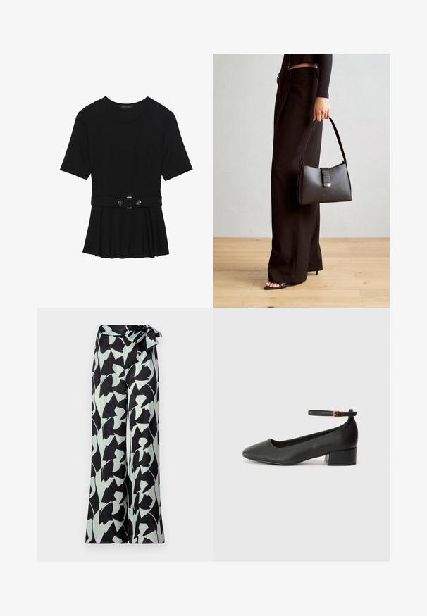 Μαύρη κοντομάνικη μπλούζα από λεία ύφανση, με σχέδιο peplum και ζωνάκι στη μέση, διακοσμημένο με δύο στρογγυρά, ασημί κουμπιά.; Πλατύ παντελόνι σε μαύρο χρώμα με μιντιού-πράσινα αφηρημένα λουλούδια. Διαθέτει ψηλή μέση με ζώνη που δένει για ρυθμιζόμενη εφαρμογή.; Μαύρο δερμάτινο τακούνι με μυτερή μύτη και χαμηλό τετράγωνο τακούνι. Διαθέτει λουράκι στον αστράγαλο με χρυσό τόνο πόρπη. Λείο υφή.; Μαύρη τσάντα χειρός με δομημένο σχήμα, λεία υφή και μεταλλικό κούμπωμα. Συνδυασμένη με φαρδιά μαύρα παντελόνια και σανδάλια ανοιχτής μύτης πάνω σε ξύλινο πάτωμα.