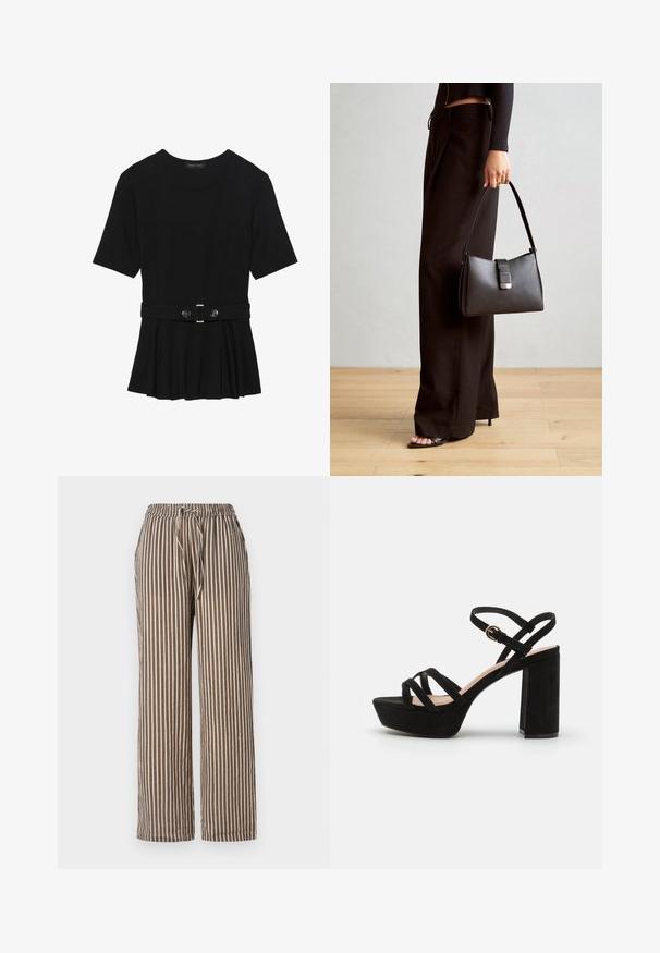 Black short-sleeve top made of smooth material, featuring a peplum design and a belted waist with two round, silver-tone buttons.; Striped wide-leg pants in beige with navy vertical stripes. Features an elastic waistband with a drawstring and side pockets. Soft fabric texture.; Black suede platform sandals with a block heel, featuring criss-cross straps and a buckled ankle strap for secure fit.; Black handbag with structured shape, smooth texture, and a metallic clasp. Paired with wide black pants and open-toe sandals on wooden floor.