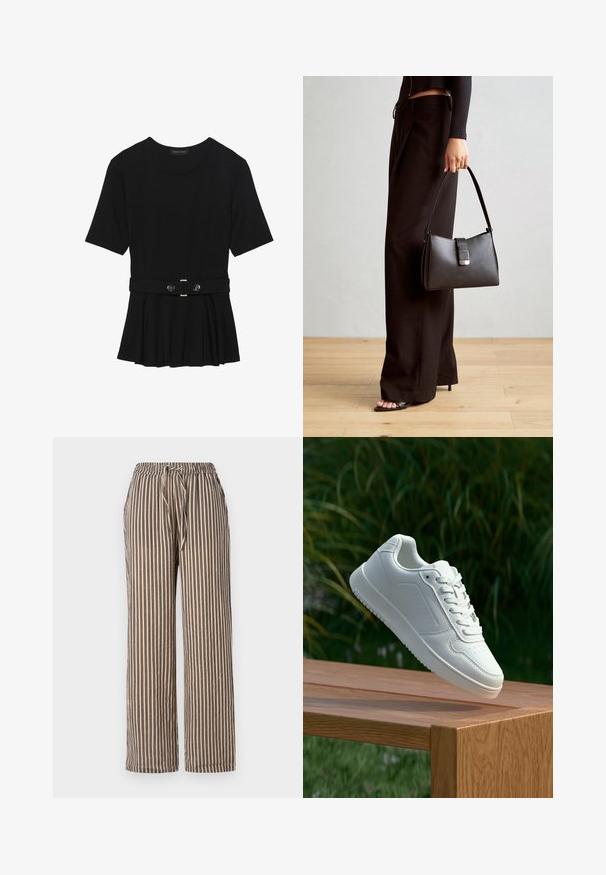 Črn kratek rokav srajca iz gladkega materiala, z obliko pepluma in pasom s pasom ter dvema okroglega srebrno-toniranima gumboma.; Beige široke hlače s mornarsko modrimi vertikalnimi črtami. Imajo elastičen pas z vrvico in stranske žepke. Mehka tekstura tkanine.; Bela teniska s gladkim sintetičnim zgornjim delom, perforiranim prednjim delom, ravnimi vezalkami in teksturiranim podplatom, prikazana na leseni površini.; Črna torbica z strukturirano obliko, gladko teksturo in kovinskim zaponko. Ujemajo se z širokimi črnimi hlačami in odprtimi sandali na lesenem tleh.