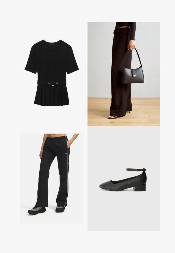 Zwart топ met korte mouwen van glad materiaal, voorzien van een peplum ontwerp en een riem in de taille met twee ronde, zilverkleurige knopen.; Zwarte sportbroeken met een elastische tailleband, witte zijstreepjes en zachte stof. Ggemaakt met donkere, patronen sneakers.; Zwarte leren pump met een spitse neus en een lage blokhak. Beschikt over een enkelband met een goudkleurige gespsluiting. Gladde textuur.; Zwarte handtas met gestructureerde vorm, gladde textuur en een metalen sluiting. Gecombineerd met brede zwarte broeken en sandalen met open teen op een houten vloer.