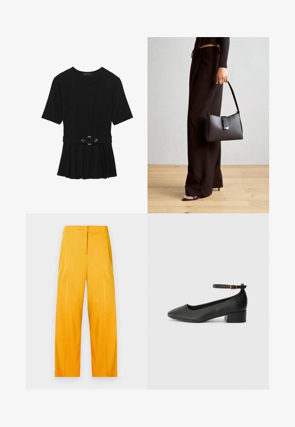 Haut noir à manches courtes fabriqué en matériau lisse, avec un design peplum et une taille ceinturée ornée de deux boutons ronds en métal argenté.; Pantalons large jaunes éclatants en tissu lisse, avec un design épuré comprenant des plis à l'avant et une taille plate.; Escarpin en cuir noir avec un bout pointu et un petit talon bloc. Doté d'une bride de cheville avec une boucle dorée. Texture lisse.; Sac à main noir à la forme structurée, texture lisse et fermoir métallique. Associé à un pantalon noir ample et des sandales ouvertes sur un sol en bois.
