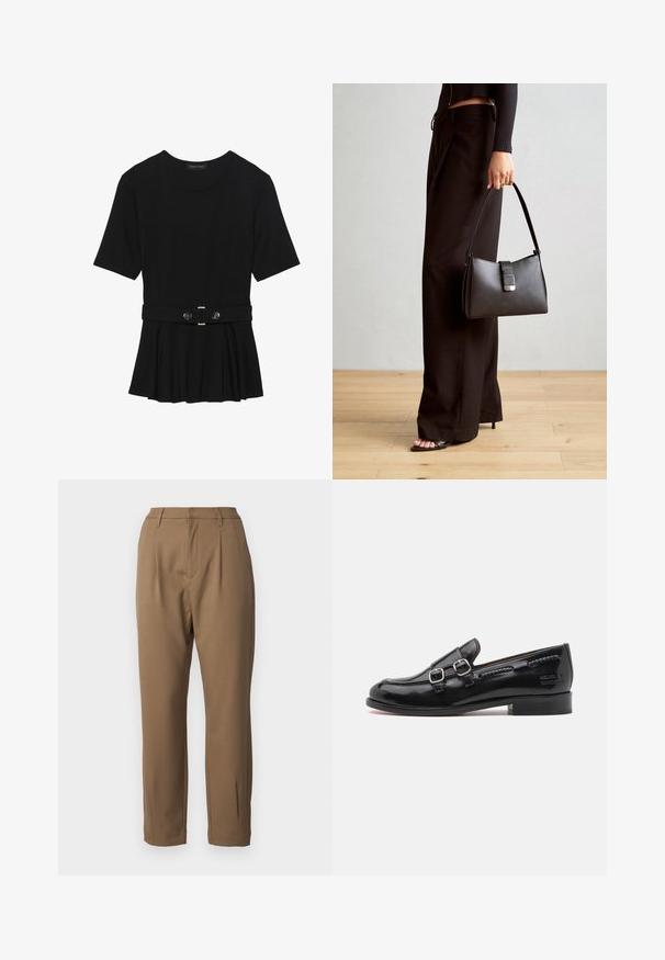 Svart kortärmad topp i slätt material med peplumdesign och bälte i midjan, prydd med två runda knappar i silverfärg.; Bruna byxor i glatt tyg, med en skräddarsydd passform, veck fram och raka ben, samt sidofickor.; Svart lackläderloafer med dubbla silvriga spännen, något rundad tå och en låg staplad klack. Texturerad stickningsdetalj längs ovandelen.; Svart handväska med strukturerad form, slät yta och metallspänne. Matchad med vida svarta byxor och sandaler med öppen tå på trägolv.