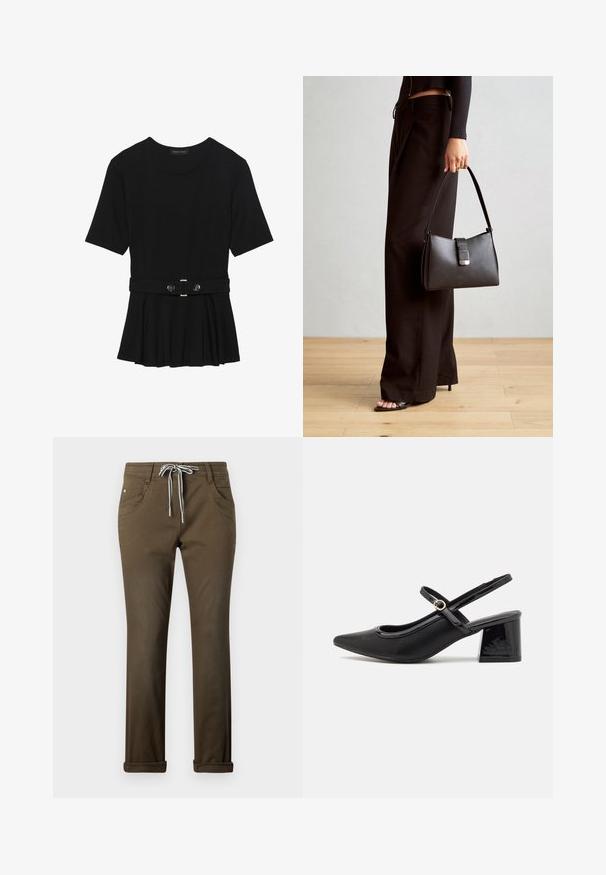 Juodas trumpomis rankovėmis viršus, pagamintas iš lygaus audinio, su peplum dizainu ir su diržu juosmenyje, papuoštas dviem apvaliomis sidabro spalvos mygtukais.; Rudos kasualūs kelnes, pagamintos iš.lygaus medžiagos, su raišteliu juosmens srityje, baltomis akcentais, penkiais kišenėmis ir pasuktais galima kišenėmis.; Juodi patentinio odos slingback aukštakulniai su smailiu pirštu, apvaliu išpjovimu ir blokiniu kulnu. Papuošti auksiniu juostos akcentu.; Juodas rankinė struktūrizuota forma, lygi tekstūra ir metalinis užsegimas. Suporuota su plačiomis juodomis kelnėmis ir atvirais bateliais ant medinių grindų.