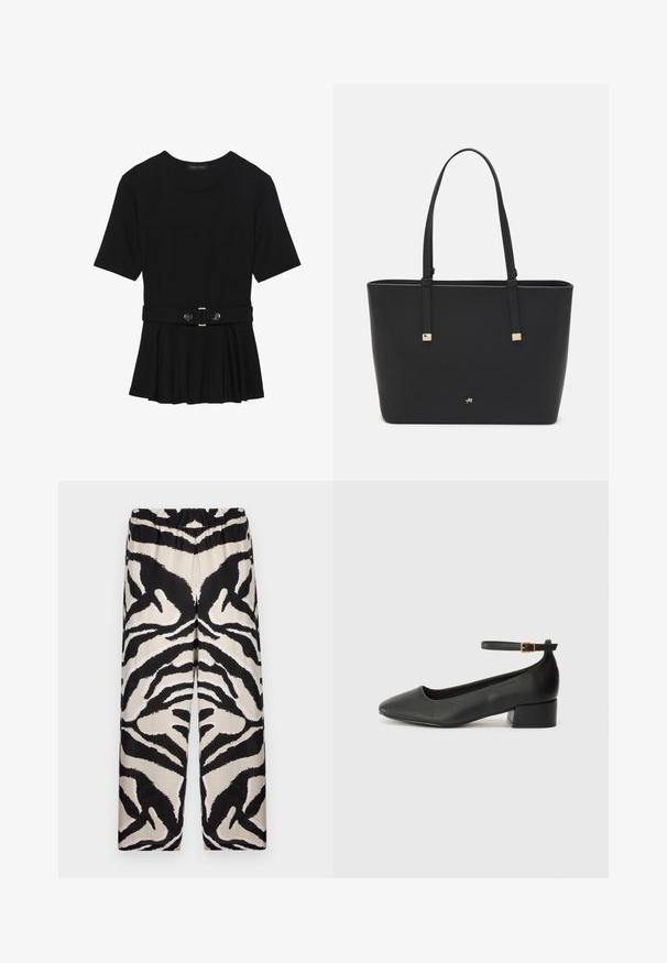 Black short-sleeve top made of smooth material, featuring a peplum design and a belted waist with two round, silver-tone buttons.; Black and beige patterned wide-leg pants with an elastic waistband, featuring a bold zebra stripe design in a smooth fabric.; Black leather pump with a pointed toe and a low block heel. Features an ankle strap with a gold-tone buckle. Smooth texture.; Black tote bag made of synthetic material, featuring simple rectangular design, gold square accents, and double handles.