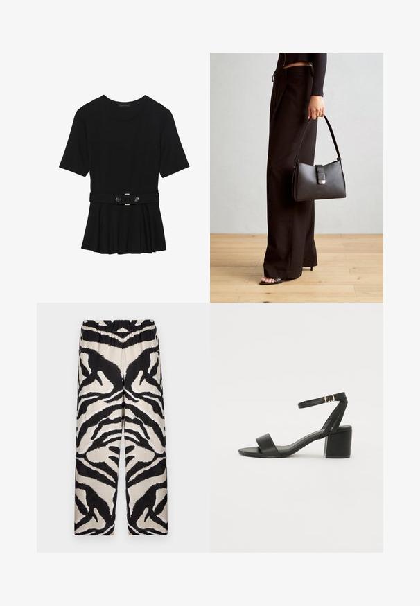 Čierny krátky rukáv top vyrobený z hladkého materiálu, so strihom peplum a opaskom v páse so syntetickými guľatými striebornými gombíkmi.; Čierne a béžové vzorované široké nohavice s elastickým pásom, ktoré majú výrazný dizajn zebry na hladkej látke.; Čierne sandále na podpätku so hladkým koženým vrchom, otvorenou špičkou, širokými prednými prúžkami a nastaviteľným členkovým popruhom so zlatým prackom.; Čierna kabelka so štruktúrovaným tvarom, hladkou textúrou a kovovou sponou. V kombinácii so širokými čiernymi nohavicami a sandálmi s otvorenou špičkou na drevenej podlahe.