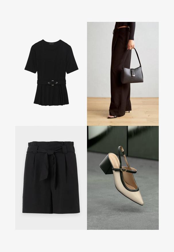 Top negro de manga corta fabricado en un material suave, con un diseño de peplum y una cintura ceñida con un cinturón que incluye dos botones redondos en tono plateado.; Pantalones cortos negros a medida con una cintura alta, que presentan un cinturón atado, pliegues y una textura de tela suave.; Zapato slingback de punta beige con ribete negro, hebilla dorada y un tacón cuadrado grueso sobre un suelo gris con fondo verde oscuro.; Bolso negro con forma estructurada, textura suave y un cierre metálico. Combinado con pantalones anchos negros y sandalias de dedo en un suelo de madera.