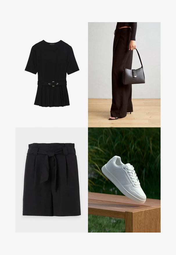 Haut noir à manches courtes fabriqué en matériau lisse, avec un design peplum et une taille ceinturée ornée de deux boutons ronds en métal argenté.; Shorts noirs ajustés avec une taille haute, dotés d'une ceinture à nouer, de plis et d'une texture de tissu lisse.; Sneakers blanches avec une tige synthétique lisse, un avant perforé, des lacets plats et une semelle texturée, présentées sur une surface en bois.; Sac à main noir à la forme structurée, texture lisse et fermoir métallique. Associé à un pantalon noir ample et des sandales ouvertes sur un sol en bois.