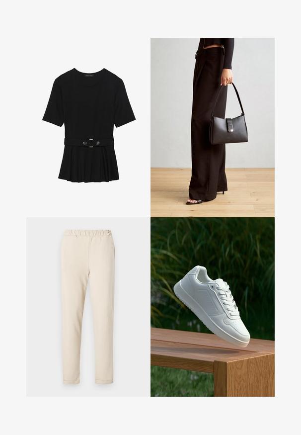 Schwarzes Kurzarmoberteil aus glattem Material, mit einem Peplum-Design und einem taillierten Bund, der mit zwei runden, silberfarbenen Knöpfen ausgestattet ist.; Beige Baumwollhose mit einem gerafften Bund, geradem Bein und ohne sichtbare Muster, die eine glatte Textur und einen einfachen Saum aufweist.; Weiße Sneaker mit einem glatten, synthetischen Obermaterial, perforierter Zehenbox, flachen Schnürsenkeln und einer strukturierten Sohle, präsentiert auf einer Holzoberfläche.; Schwarze Handtasche mit strukturierter Form, glatter Textur und einem metallischen Verschluss. Kombiniert mit weiten schwarzen Hosen und offenen Sandalen auf einem Holzboden.