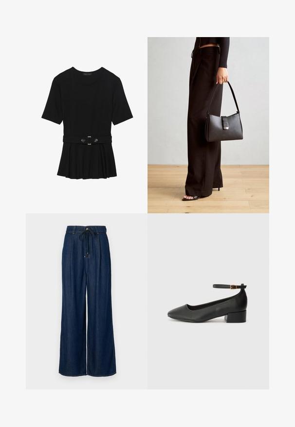 Musta lyhythihainen paita, joka on valmistettu sileästä materiaalista ja jossa on peplum-muotoilu sekä vyötäröllä vyö, jossa on kaksi pyöreää hopeanväristä nappia.; Tummansiniset leveälahkeiset farkut rentoa istuvuutta, naru vyötäröllä ja pleatattu muotoilu. Valmistettu denimiä, jossa on sileä pinta ja klassinen tikkaus.; Mustat nahkakengät, joissa on terävä kärki ja matala lohkare korko. Varustettu nilkkahihnalla, jossa on kultasävyinen solki. Lisää sileä pinta.; Musta käsilaukku, jossa on rakenteellinen muoto, sileä pinta ja metallinen solki. Yhdistetty leveisiin mustiin housuihin ja avonaiheisiin sandaaleihin puulattialla.