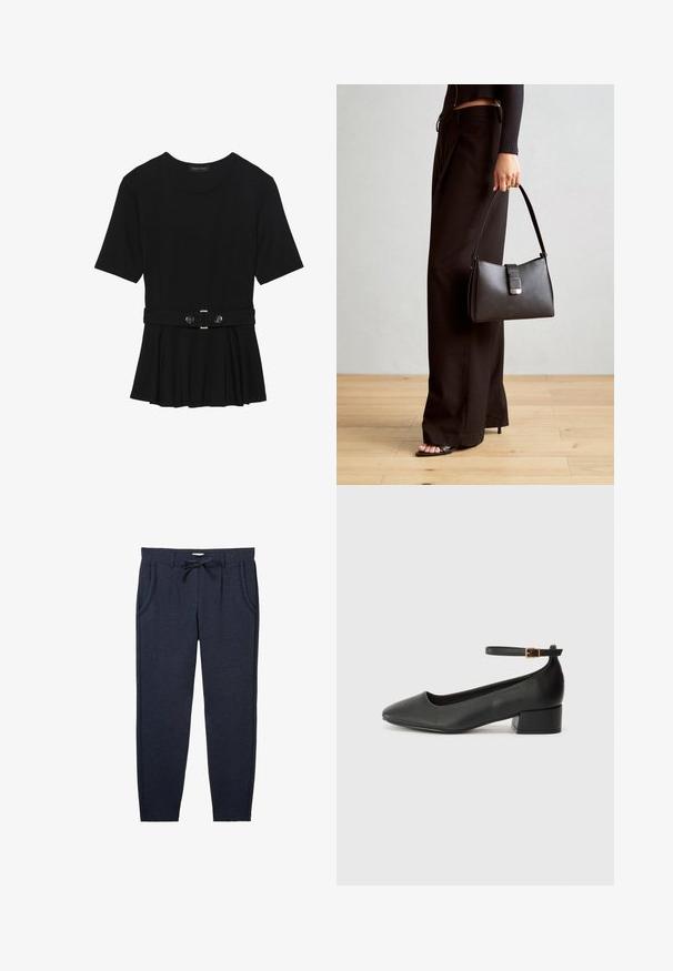 Zwart топ met korte mouwen van glad materiaal, voorzien van een peplum ontwerp en een riem in de taille met twee ronde, zilverkleurige knopen.; Marineblauwe sweatpants van textuurstof, met een elastische tailleband met trekkoord, zijzakken en taps toelopende pijpen.; Zwarte leren pump met een spitse neus en een lage blokhak. Beschikt over een enkelband met een goudkleurige gespsluiting. Gladde textuur.; Zwarte handtas met gestructureerde vorm, gladde textuur en een metalen sluiting. Gecombineerd met brede zwarte broeken en sandalen met open teen op een houten vloer.